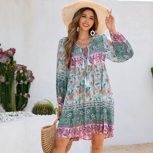 NWOT Floral Boho Dress Long Sleeved Tie Details Colorful Vibrant Chic Feminine S